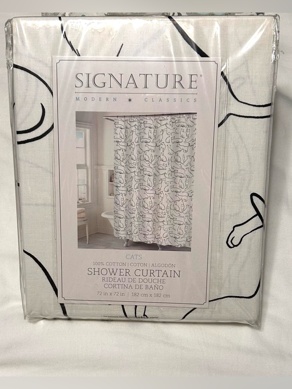 Signature Modern Classics Cats Black and White Cotton Shower Curtain New NWT